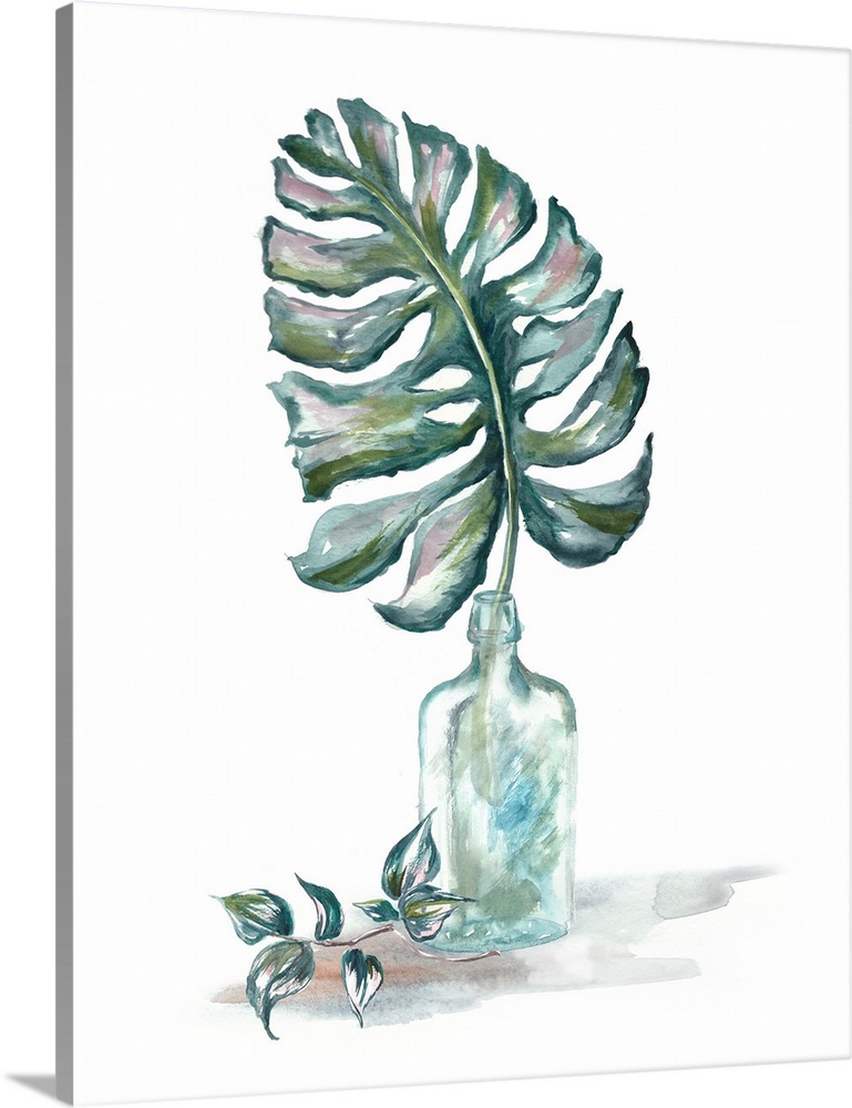 A watercolor painting of a tropical palm leaf in a glass bottle on a white background.