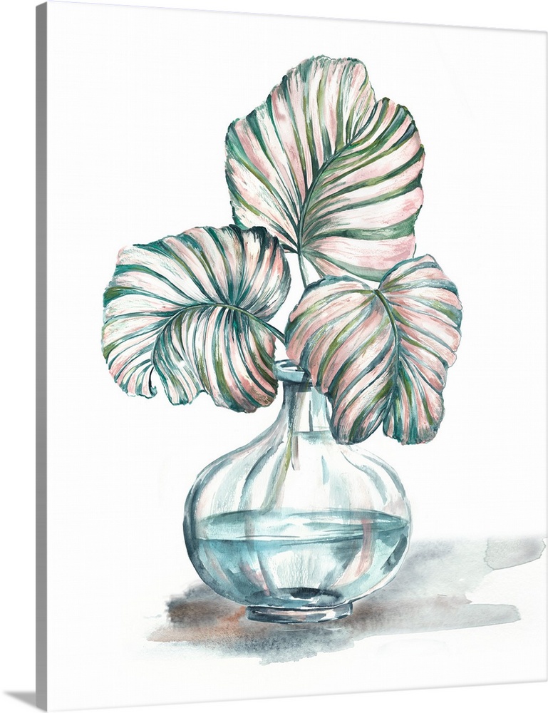 A watercolor painting of a tropical palm leaf in a glass bottle on a white background.