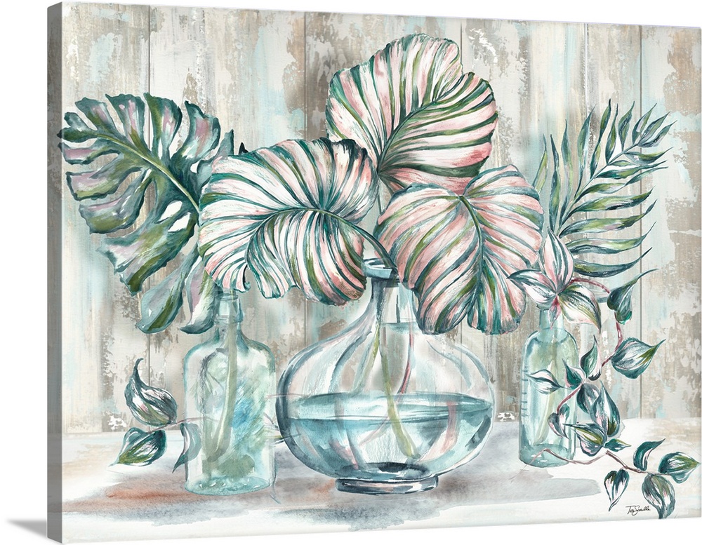 A decorative painting of a glass vases full of white tropical palm leaves in subdue tones.