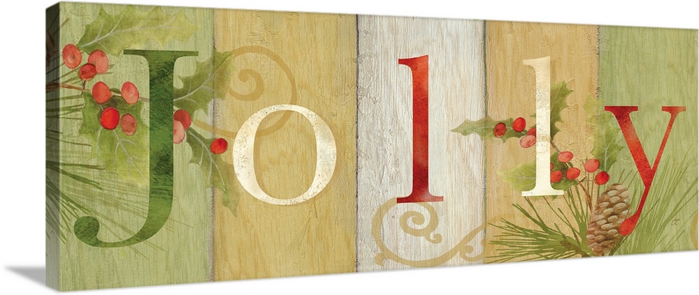"Jolly" on a multi-colored wood plank background with holly.