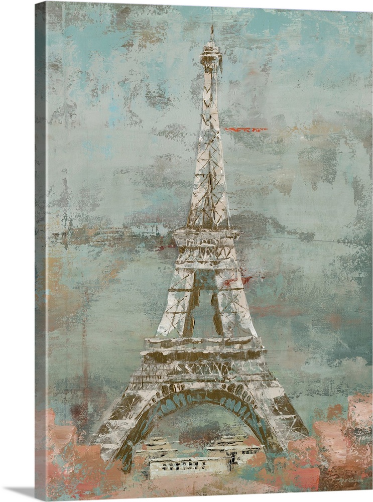 Contemporary painting of the Eiffel Tower in Paris, in subdue tones, with a distressed appearance.