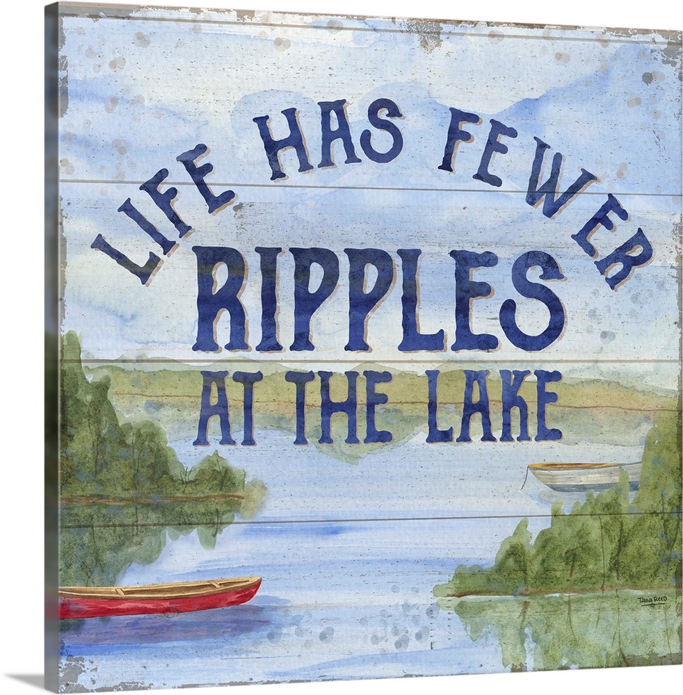 "Life Has Fewer Ripples At The Lake" and a watercolor painting of a boat on a lake with a wood panel effect.