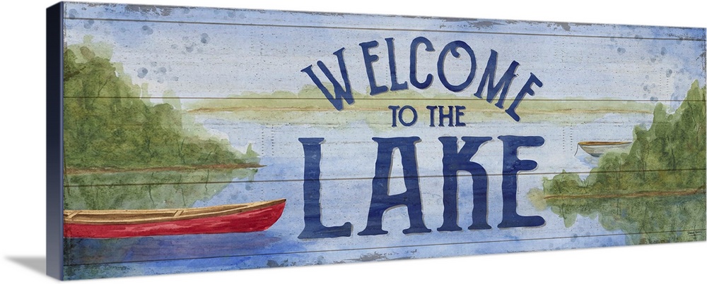 "Welcome To The Lake" and a watercolor painting of a boat on a lake with a wood panel effect.