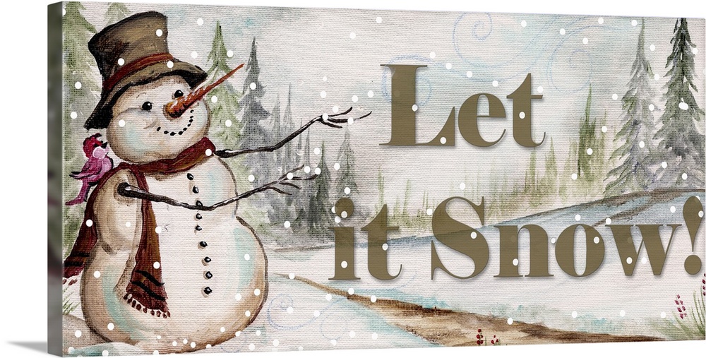 Decorative holiday image of a snowman in the country during a snow fall with the text "Let it Snow!"