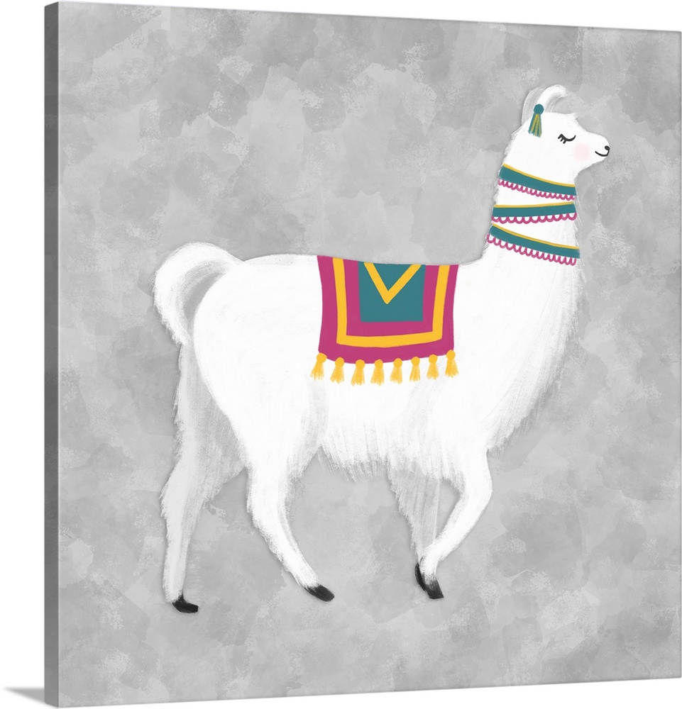 A decorative image of a white llama walking on a gray backdrop.