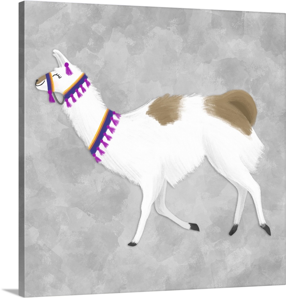 A decorative image of a white and brown llama walking on a gray backdrop.