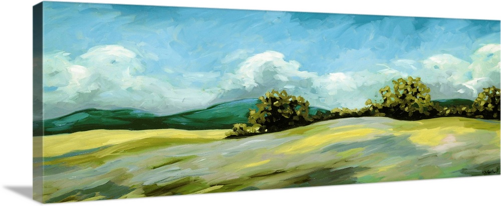 A contemporary painting of a landscape of rolling hills with trees and mountains in the background.