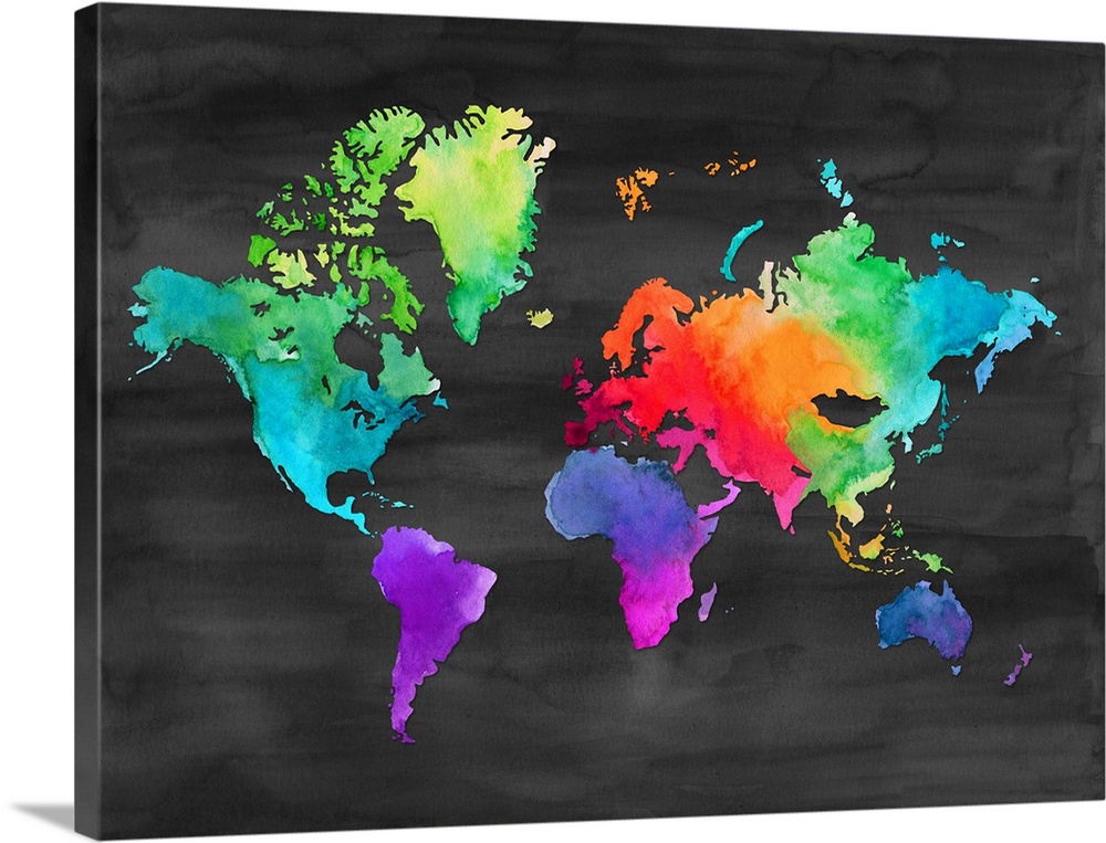 Watercolor painting of the world map done in vibrant neon multi-colors on black.