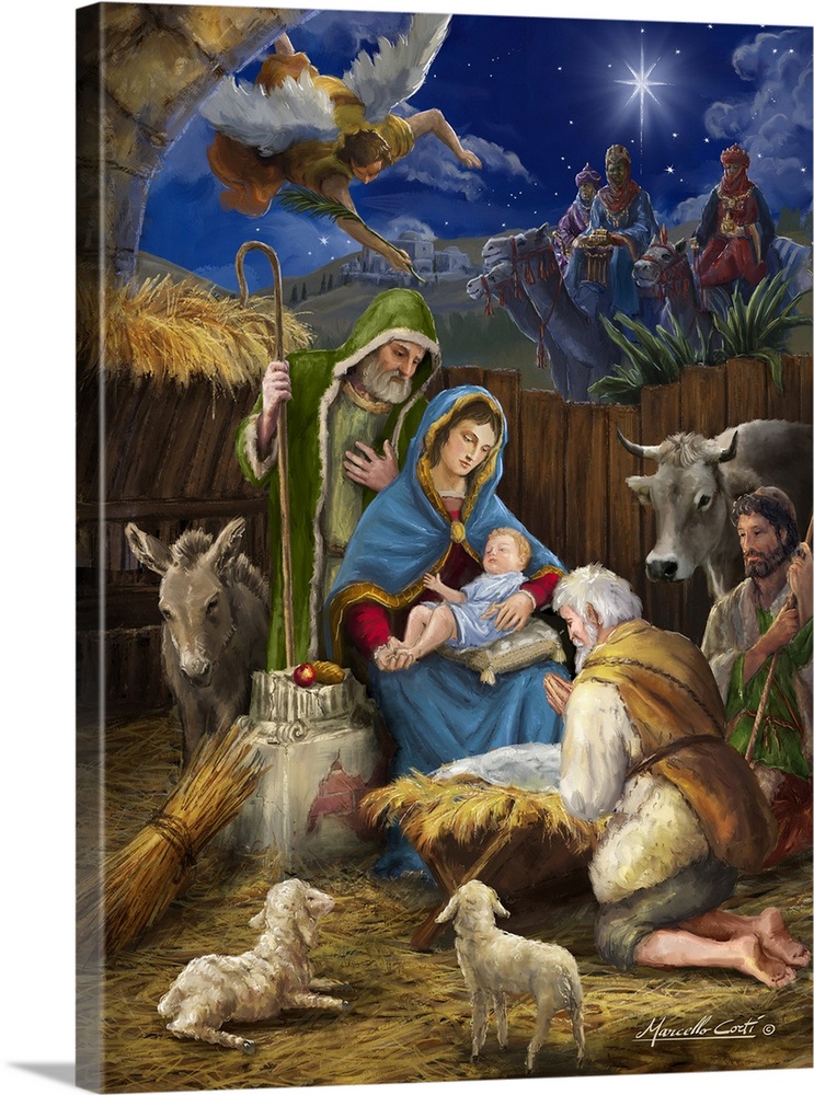 Contemporary artwork of the manger scene of Mary and Joseph with baby Jesus as the shepards visit.