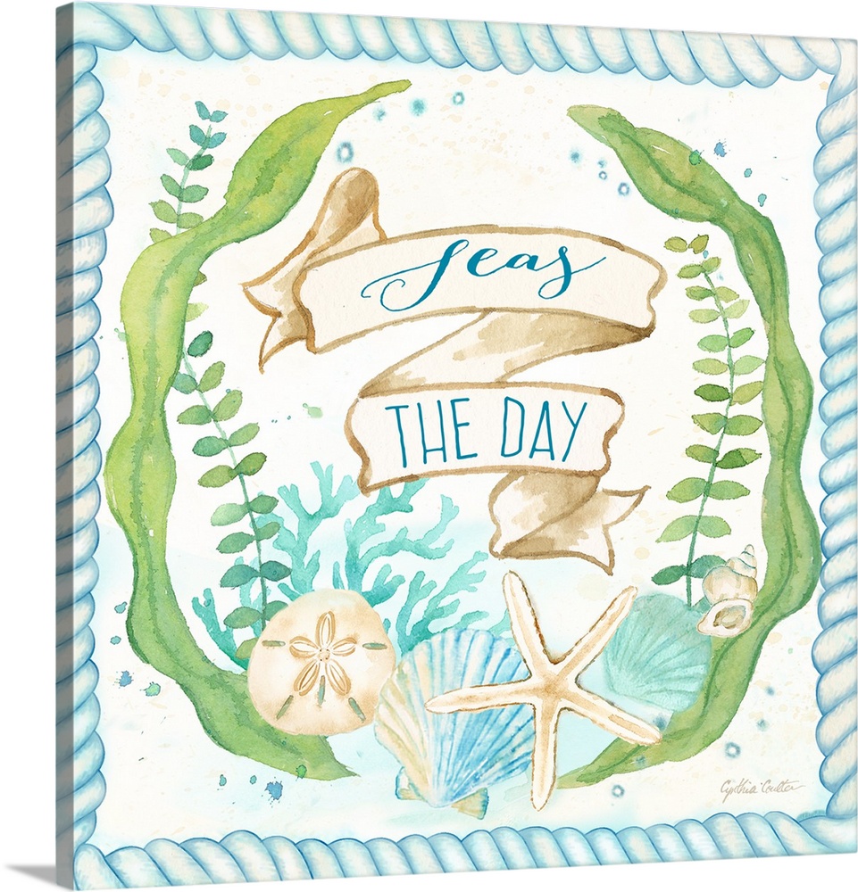 "Seas The Day" on a banner surrounded by coral and seaweed along with shells, bordered by a blue rope design.