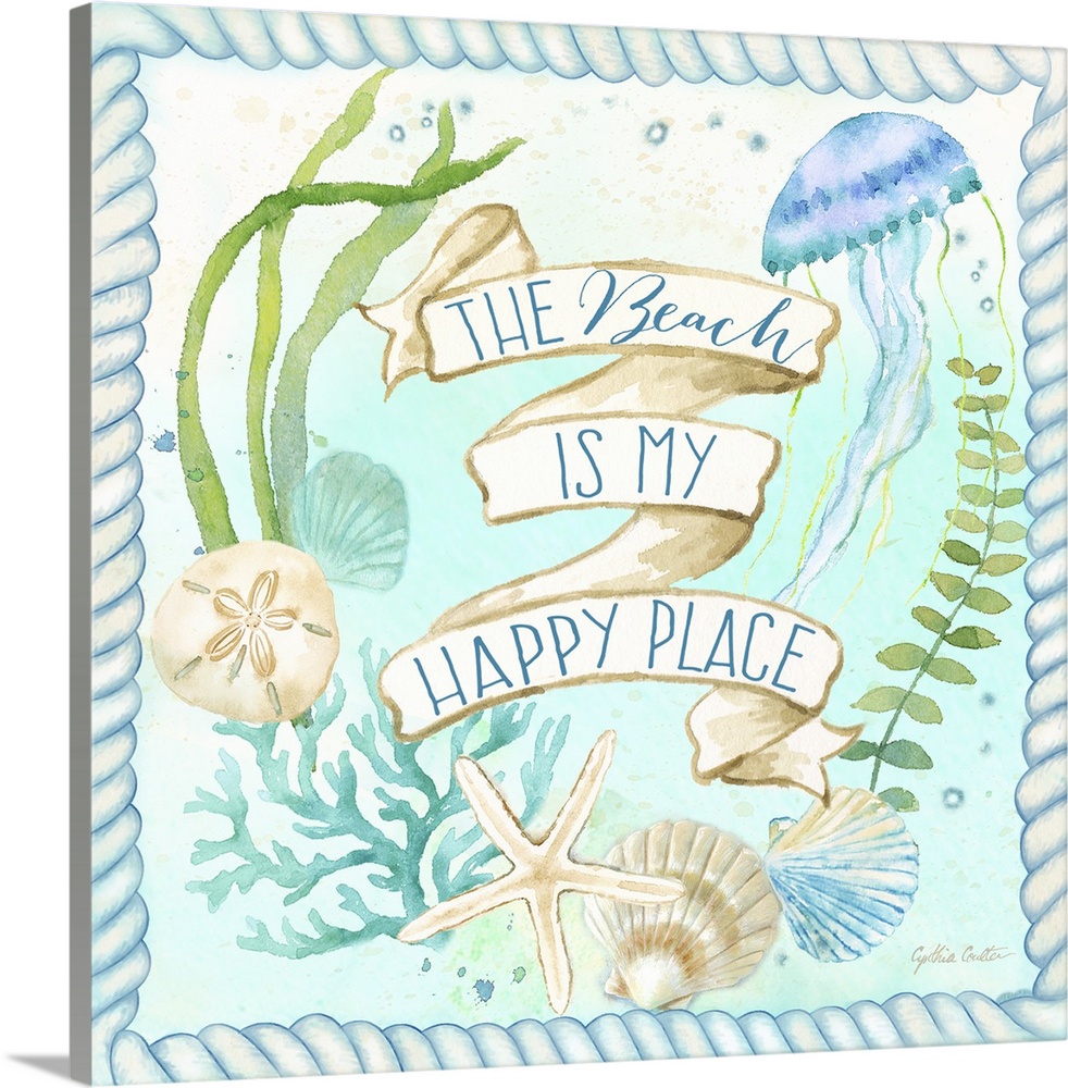 "The Beach Is My Happy Place" on a banner surrounded by jellyfish, coral and seaweed along with shells, bordered by a blue...