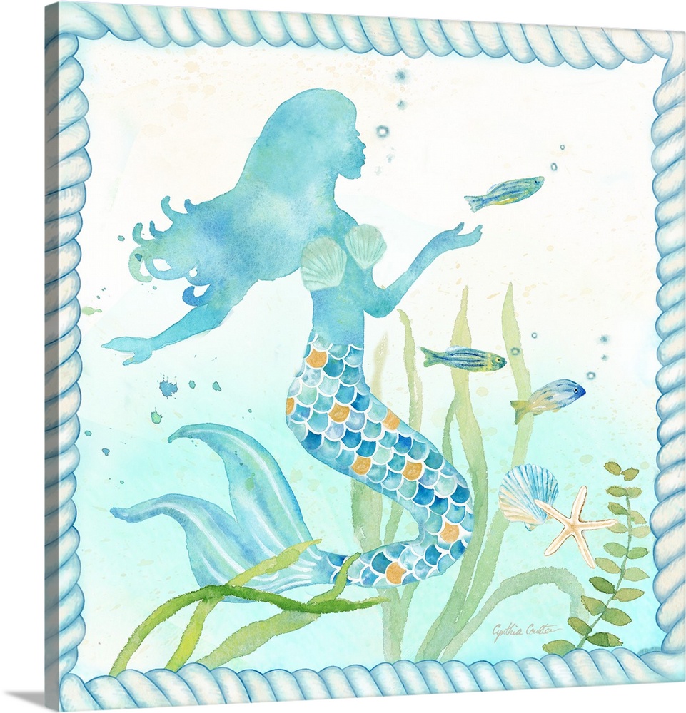 Watercolor painting of a mermaid surrounded by fish, coral and seaweed along with shells, bordered by a blue rope design.