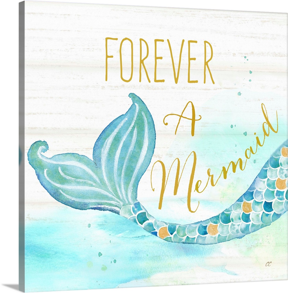 "Forever A Mermaid" in gold with a watercolor design of a mermaid tail against a white wood backdrop.