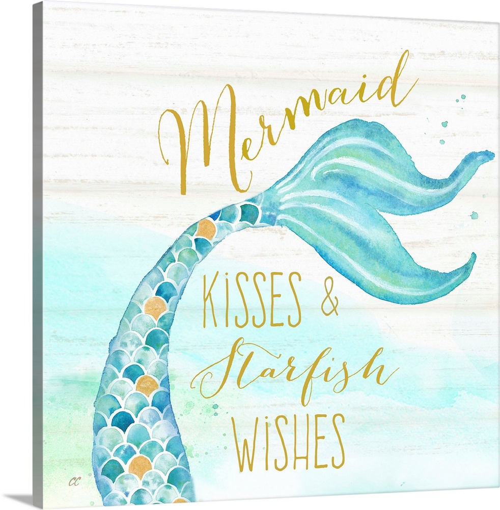 "Mermaid Kisses & Starfish Wishes" in gold with a watercolor design of a mermaid tail against a white wood backdrop.