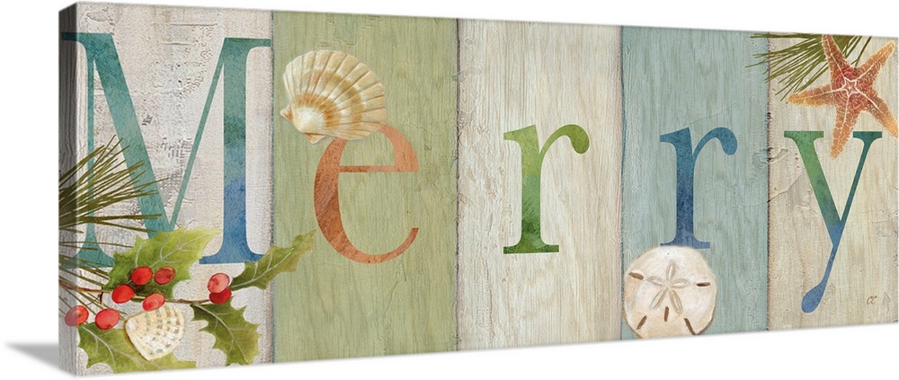 "Merry" on a multi-colored wood plank background with holly and shells.