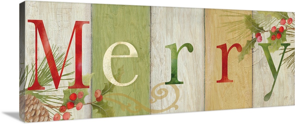 "Merry" on a multi-colored wood plank background with holly.