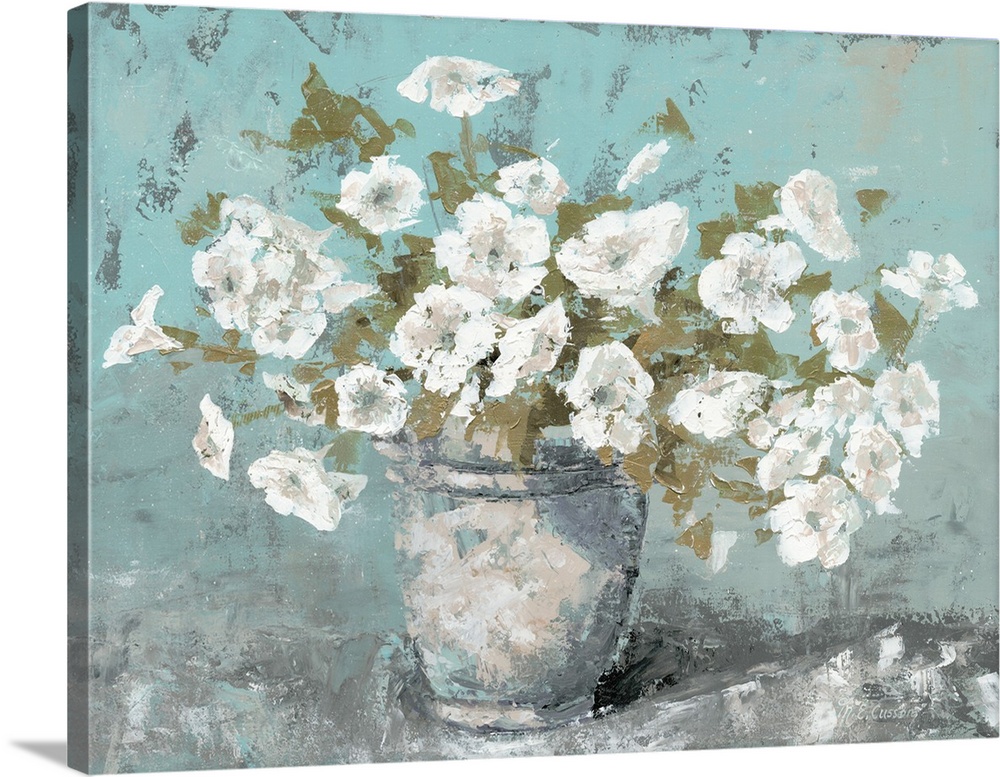 A contemporary still life painting of a vase full of white bloomed flowers with a teal background.