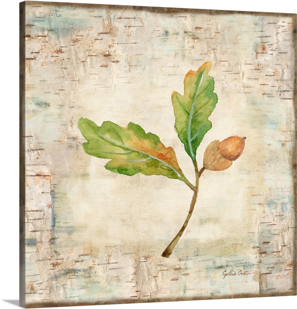 Decorative artwork of a fall leaf against a wood bark texture with a brown border.