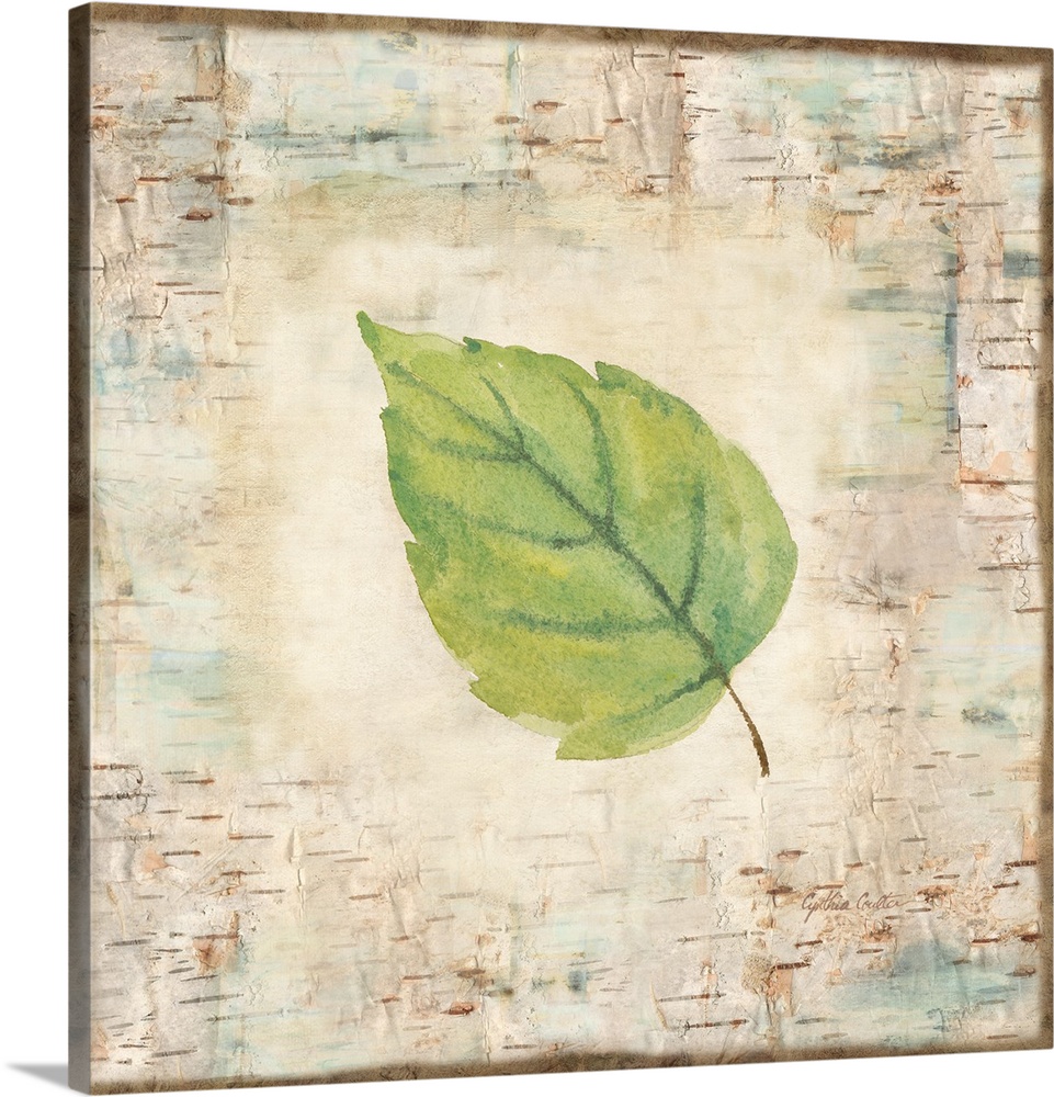 Decorative artwork of a fall leaf against a wood bark texture with a brown border.