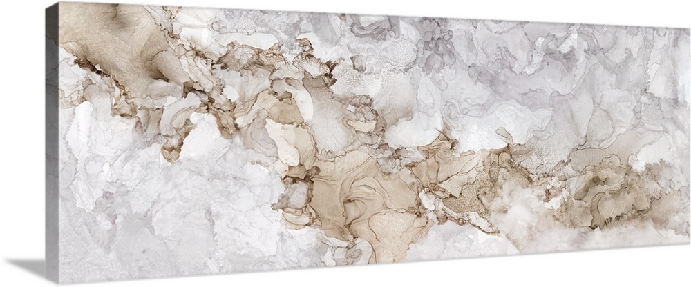 Horizontal abstract painting in shades of gray and brown in the style of marble.