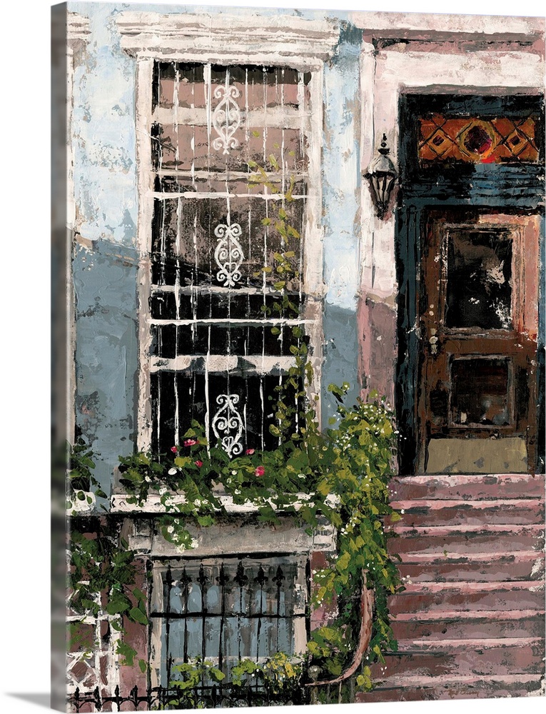 A contemporary painting of a New York neighborhood street scene of brownstone houses.