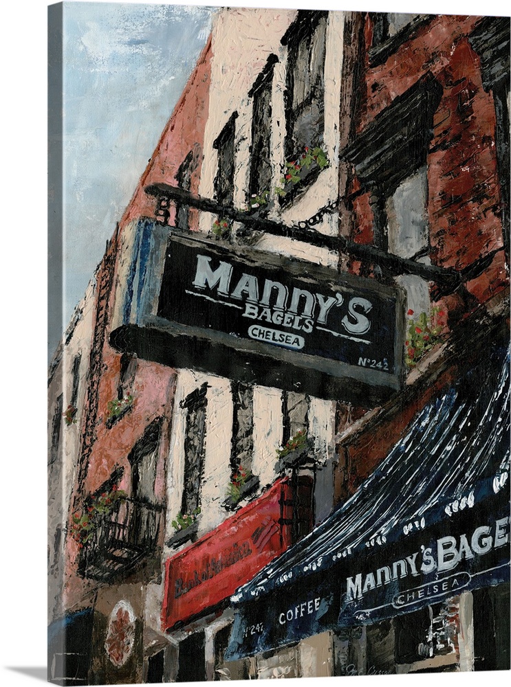 A contemporary painting of a New York neighborhood street scene of row building and businesses.