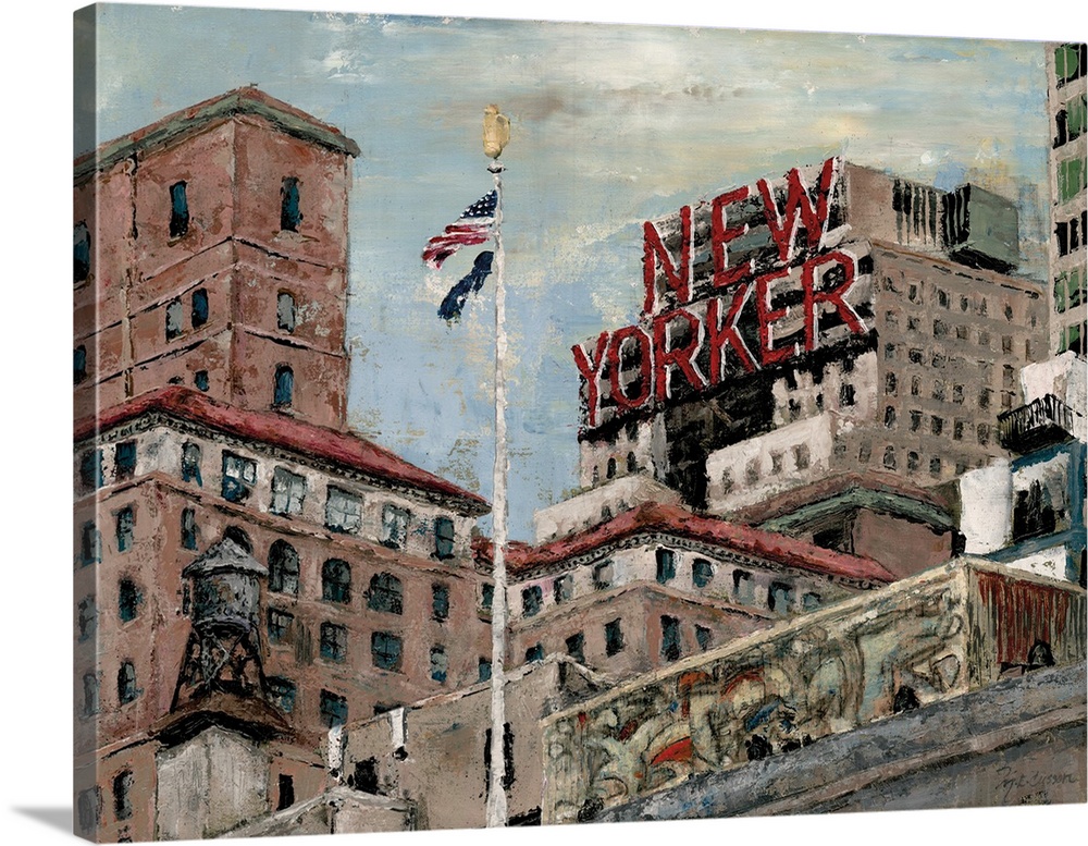 A contemporary painting of a New York street scene of layered skyscrapers and a flag pole.