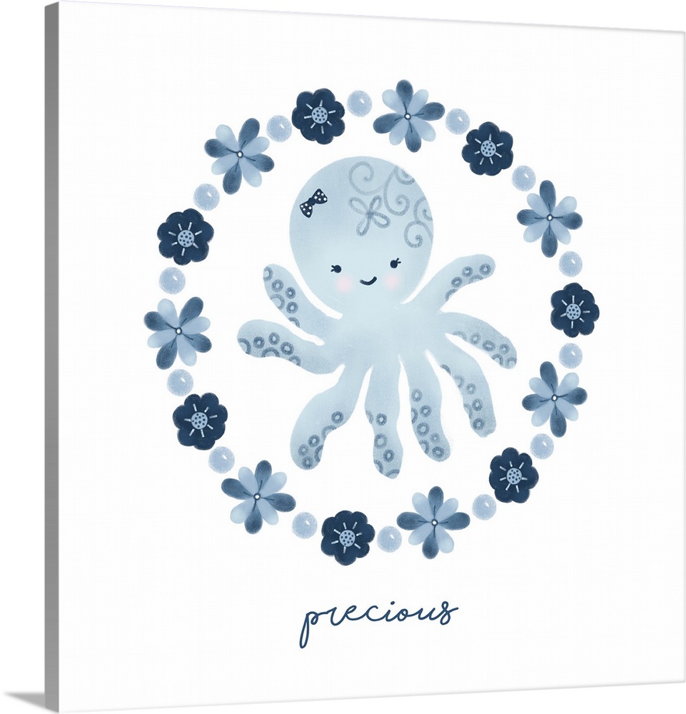 An adorable design of an octopus surrounded by flowers, all in shades of blue and the word 'precious'.