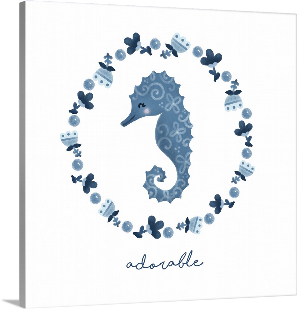 A sweet design of a seahorse surrounded by flowers, all in shades of blue and the word 'adorable'.