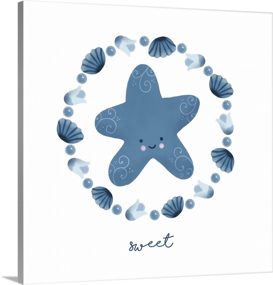 An adorable design of a starfish surrounded by flowers and shells, all in shades of blue and the word 'sweet'.