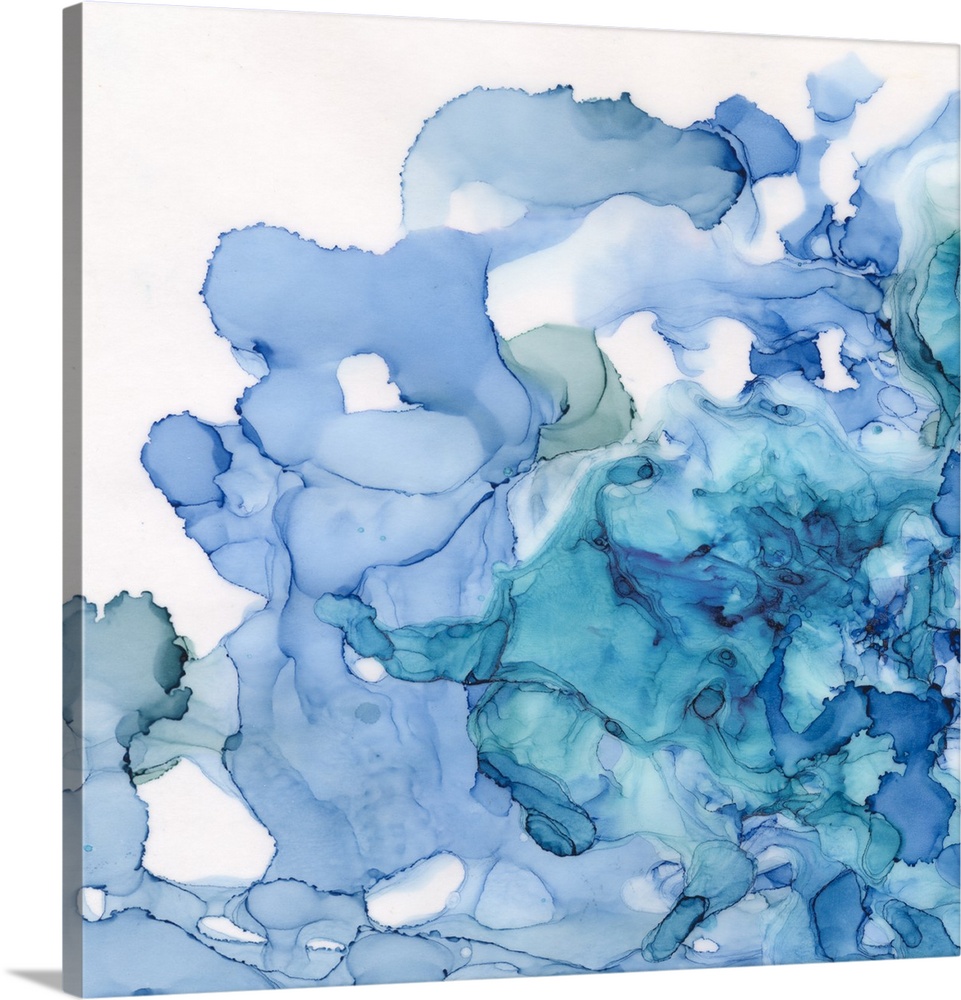 Abstract watercolor painting of swirls in shades of blue.