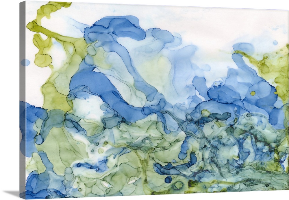 Abstract watercolor painting of swirls of blue and green.