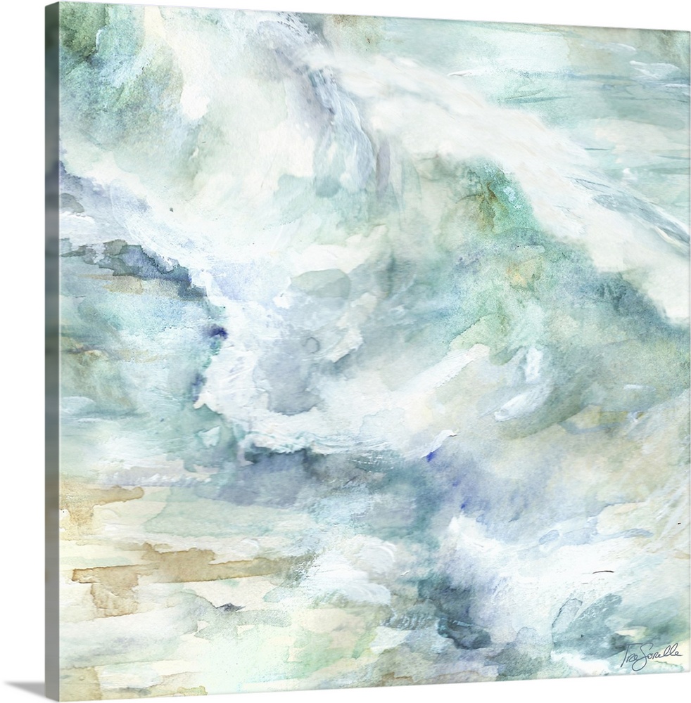 A decorative watercolor painting of a ocean waves in subdue tones of green and blue.