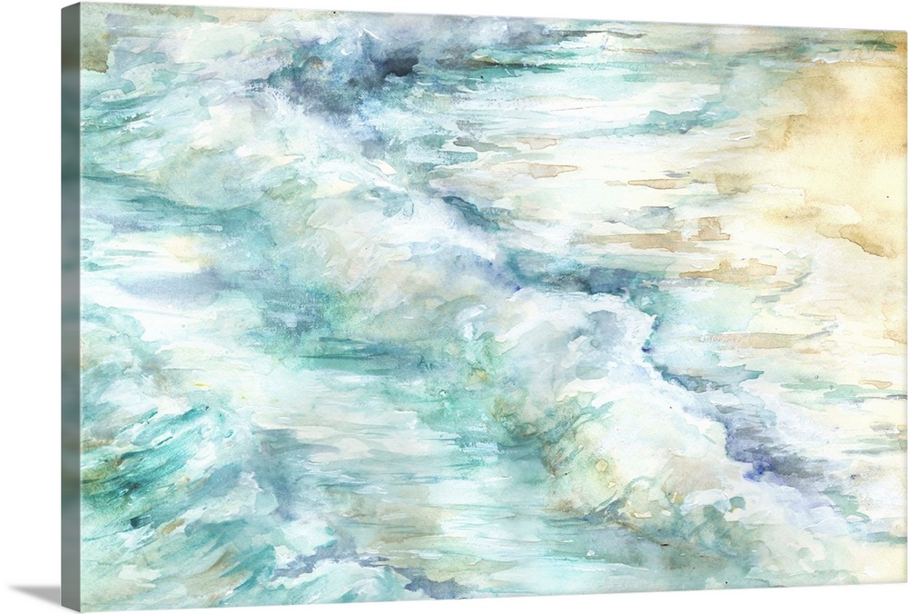 A decorative watercolor painting of a ocean waves in subdue tones of green and blue.