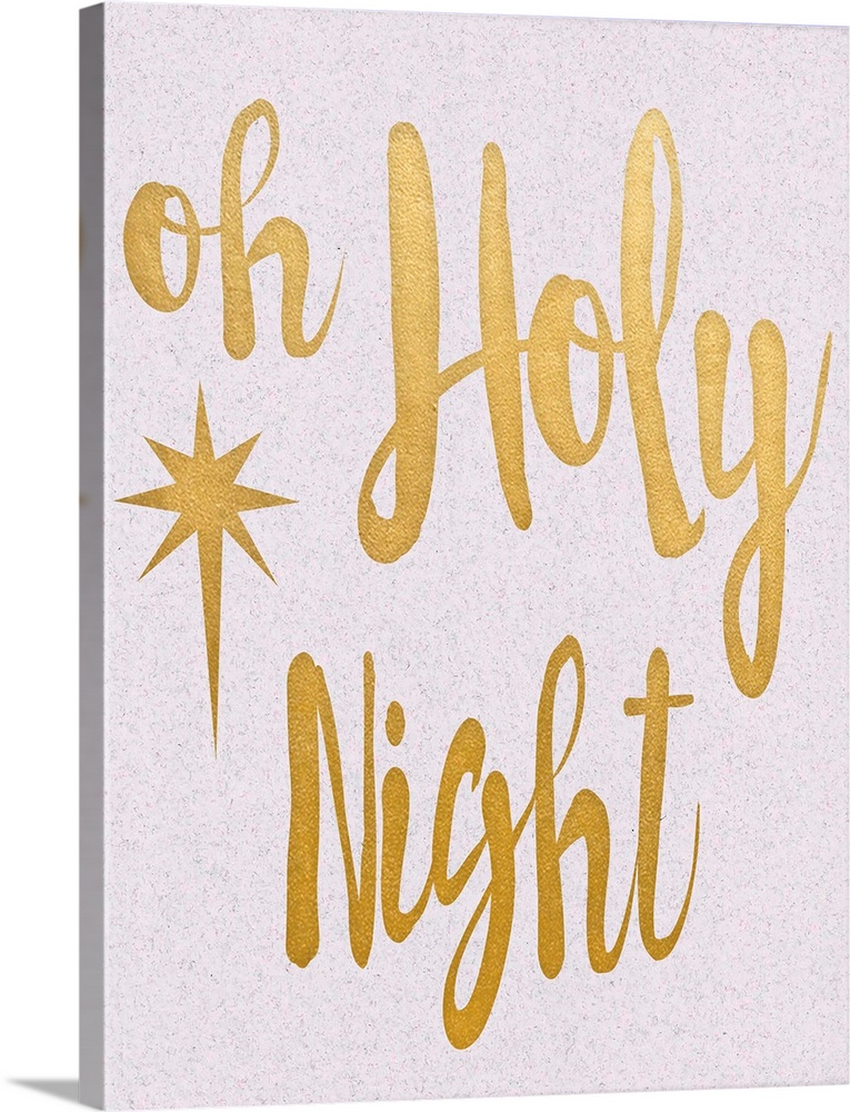 "Oh Holly Night" in gold on a speckled white background.