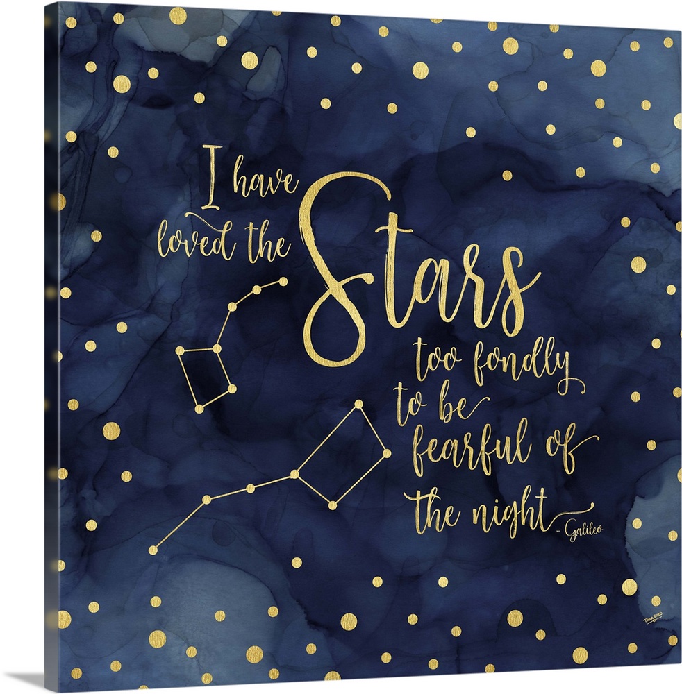 "I have loved the Stars too fondly to be fearful of the night - Galileo" on a blue water-colored background with gold spots.