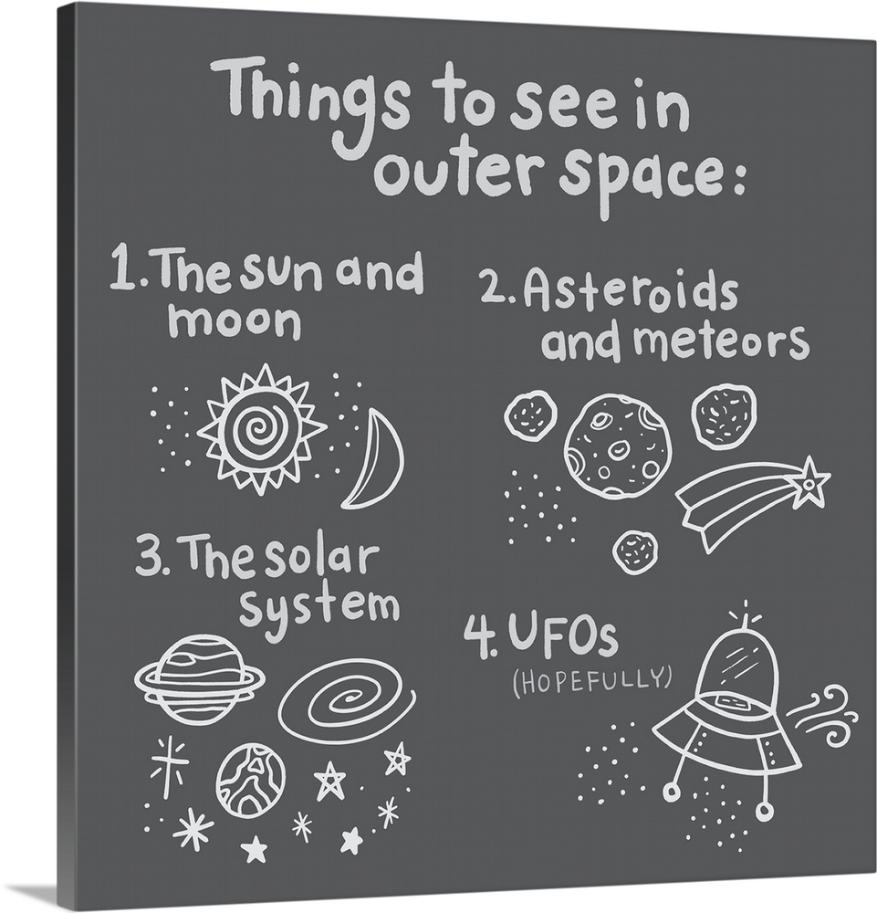 Illustration of things to see in outer space on a dark gray background.
