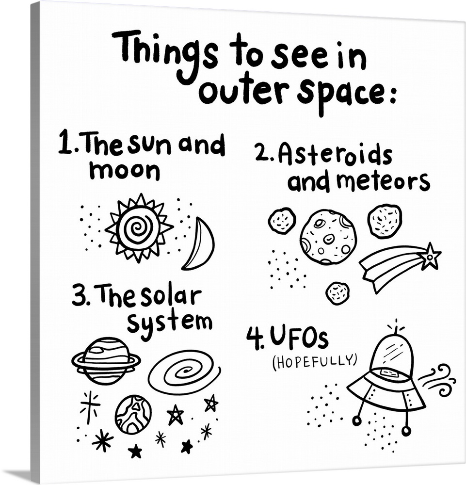 Illustration of things to see in outer space on a white background.
