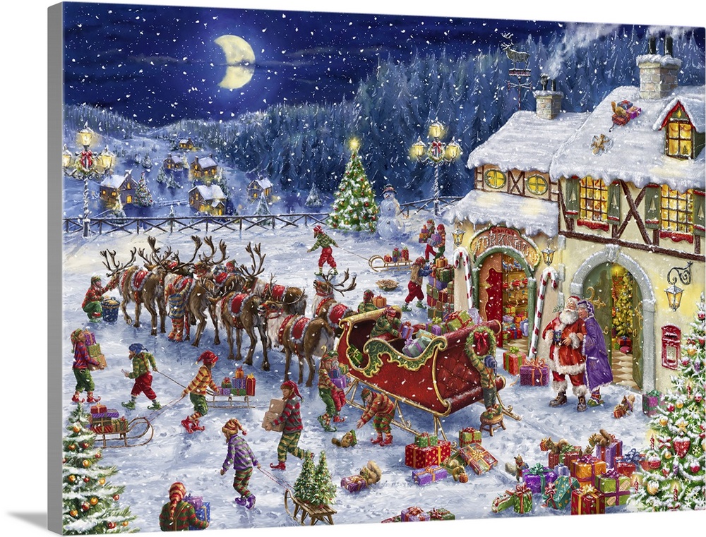 A traditional holiday painting of Santa's elves packing up his sleigh to deliver gifts on Christmas eve.