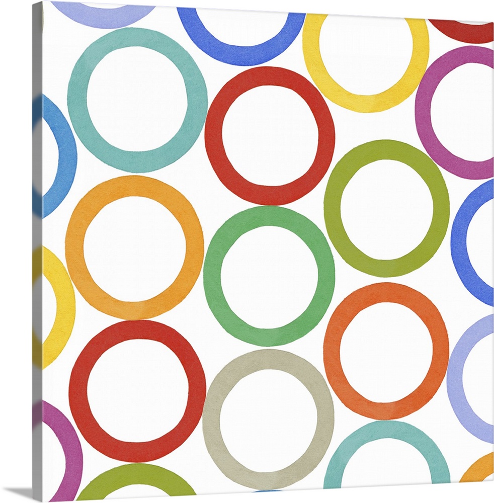 Square decorative artwork of multi-colored circles in rows on a white background.