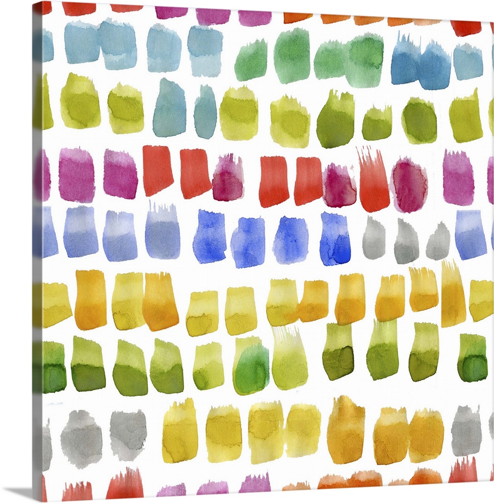 Square decorative artwork of multi-colored brush spots in rows on a white background.