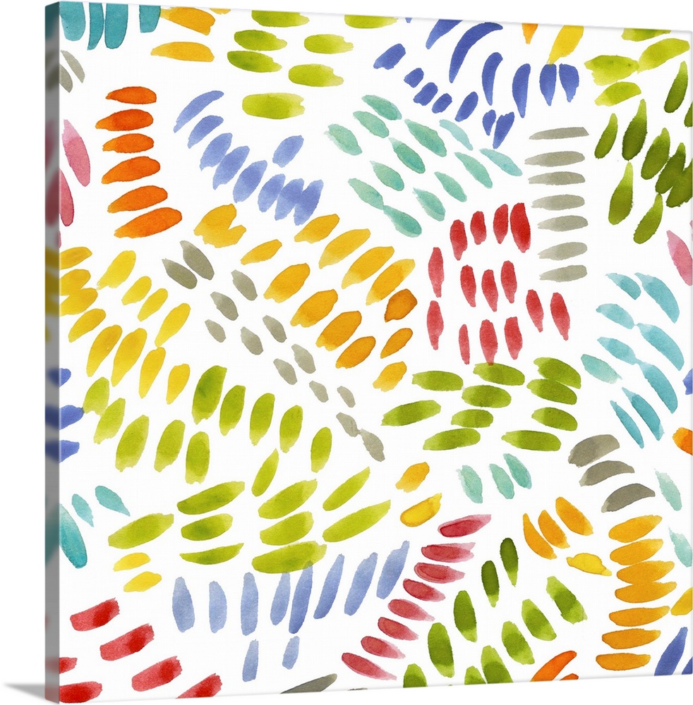Square decorative artwork of multi-colored brush strokes in a curved pattern on a white background.