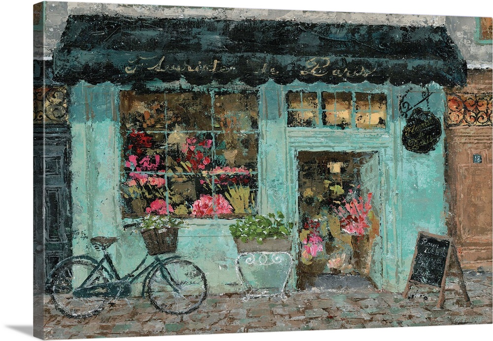 A modern painting of a street view of a flower shop in Paris.