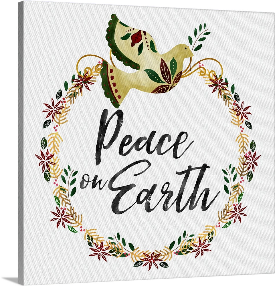 "Peace On Earth" surrounded by a holiday wreath and golden dove on a white linen backdrop.
