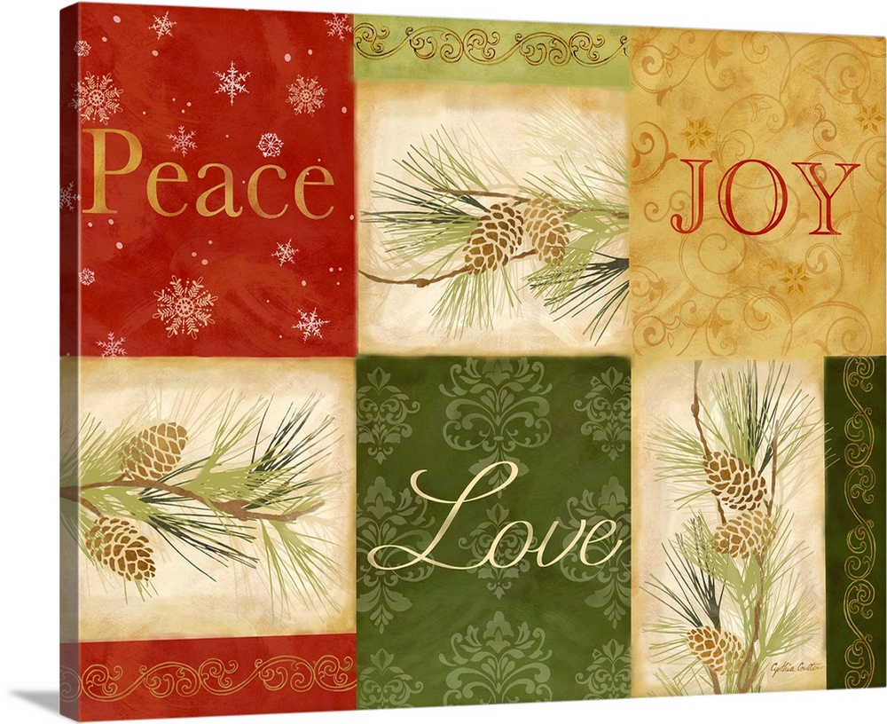 A decorative holiday image multiple squares in different colors with "Peace, Joy, Love" and pine cones.