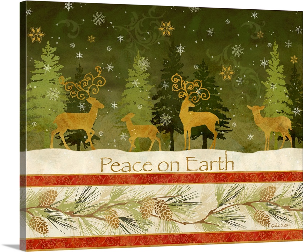 A decorative holiday design of a group of gold silhouetted deer in a forest during a snow fall with the text "Peace on Ear...