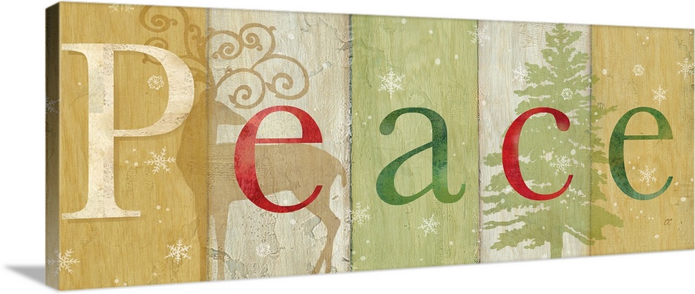 "Peace" on a multi-colored wood plank background with a reindeer and tree.