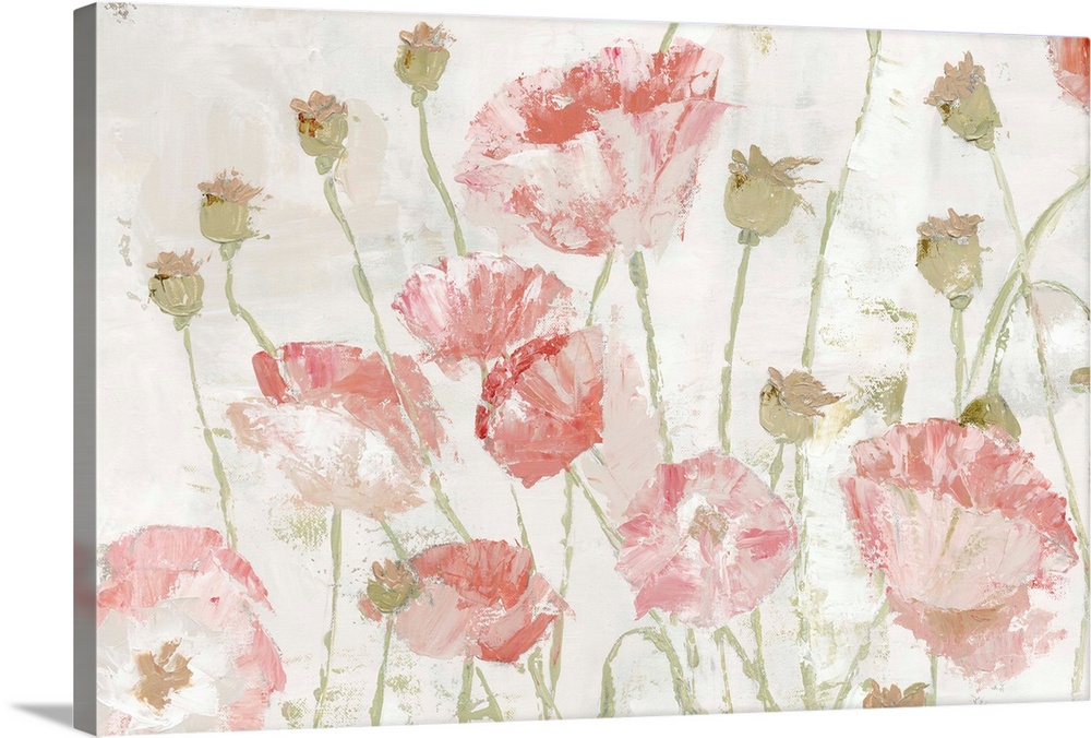 Contemporary painting of a group of red poppies in faded tones on a neutral backdrop.