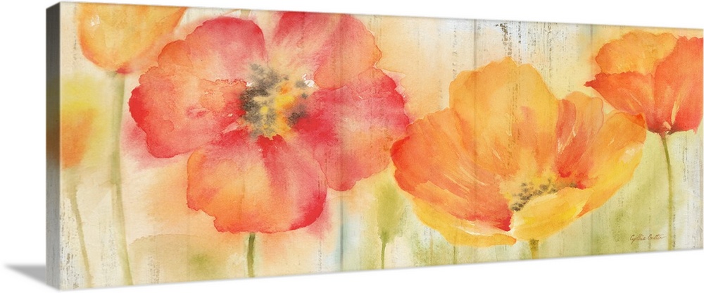 A bright watercolor painting of red, orange and yellow poppies against a faded orange and green backdrop.