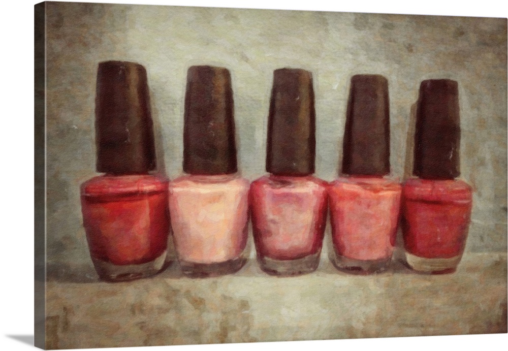 Contemporary painting of a row of red and pink nail polish bottles on a neutral backdrop.